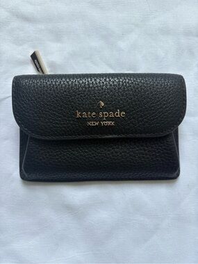kate spade Black Pebbled Leather Card Wallet with Gold Logo